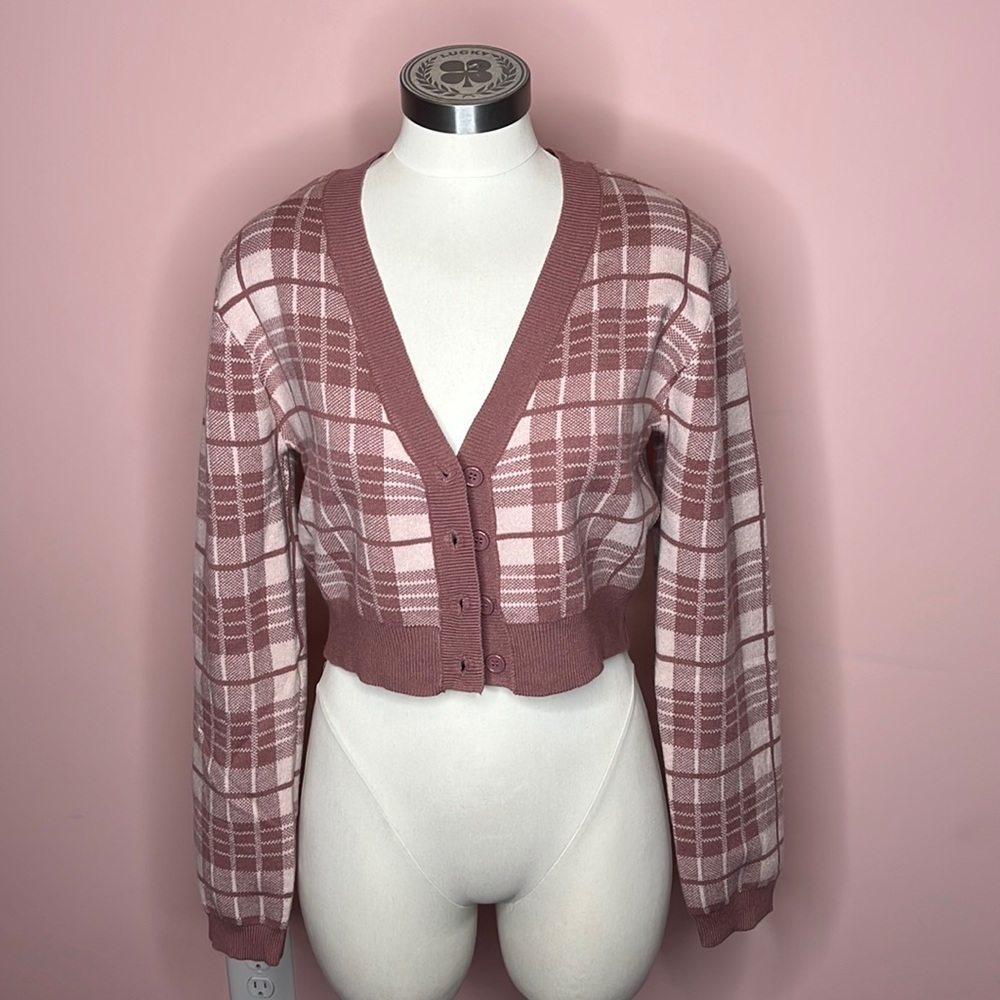 NWOT Love Tree Pink Plaid Cropped Cardigan